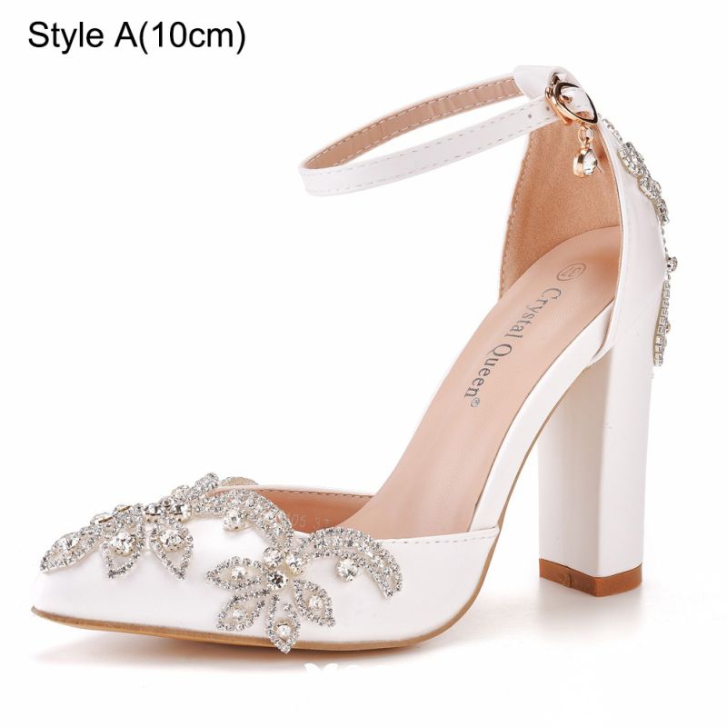 Elegant White Rhinestone Wedding Shoes 2023 Ankle Strap 7 cm Stiletto ...