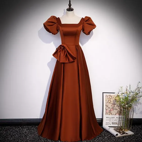 Elegant Brown Satin Prom Dresses 2022 A-Line / Princess Square Neckline ...