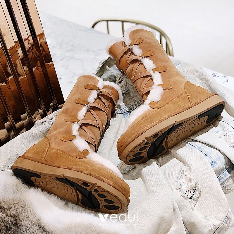 Amazing / Brown Snow Boots 2020 Winter Woolen Leather X-Strap Casual Outdoor / Garden Womens Boots