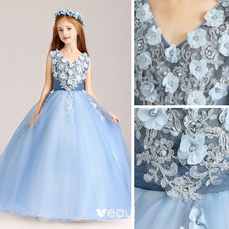 Chic Beautiful Pool Blue Beading Sequins Lace Flower Evening Party Flower  Girl Dresses