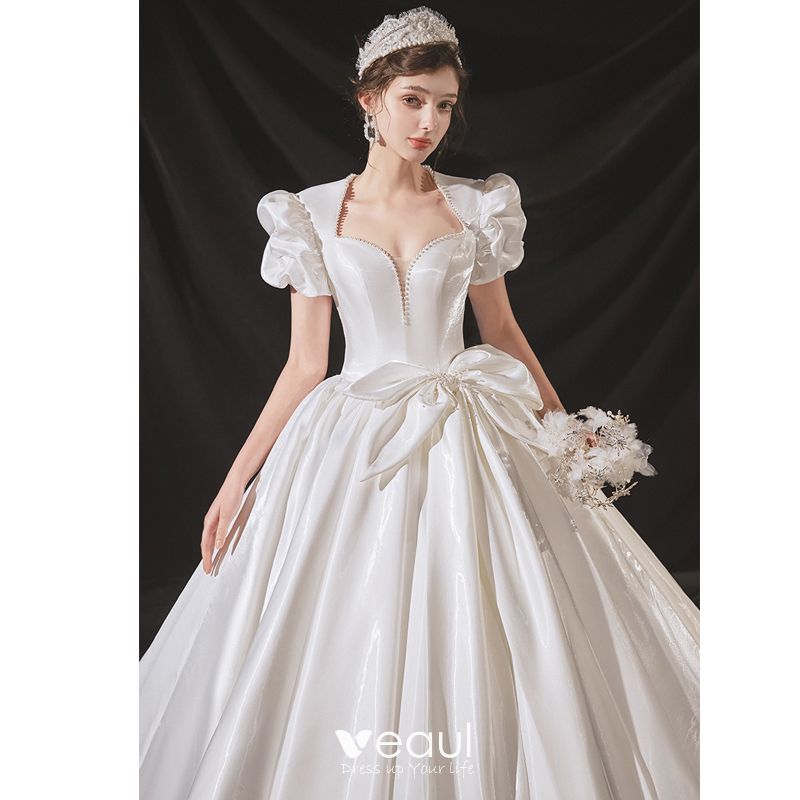 Vintage / Retro Modest / Simple Ivory Pearl Satin Wedding Dresses 2021 ...