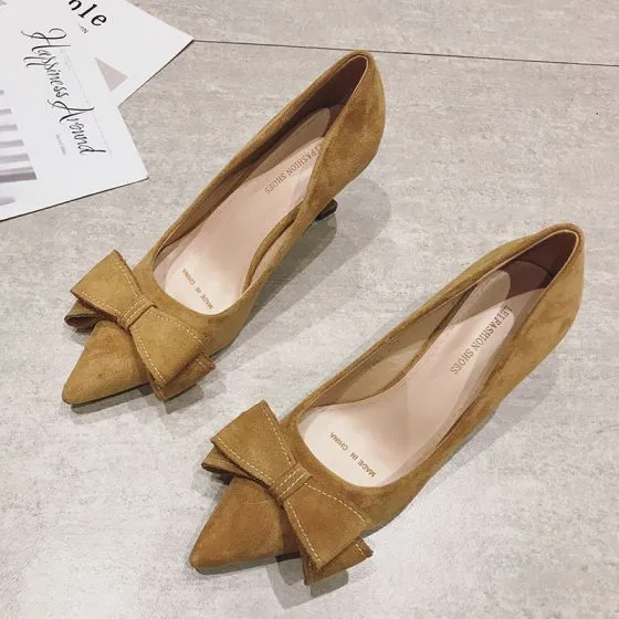 Modest / Simple Black Casual Pumps 2020 Suede Bow 7 cm Stiletto Heels ...