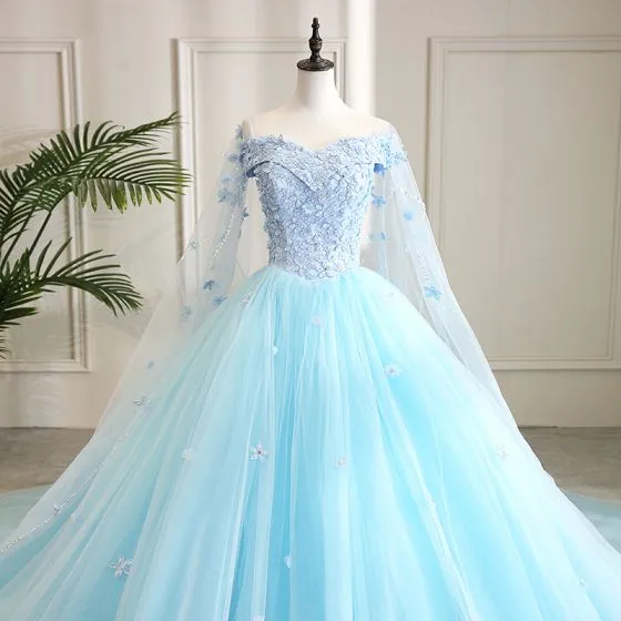 Flower Fairy Pool Blue Prom Dresses 2021 Ball Gown Off-The-Shoulder ...