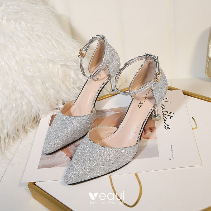 Fashion Gold Wedding Shoes 2020 Sequins Ankle Strap 6 cm Stiletto Heels ...