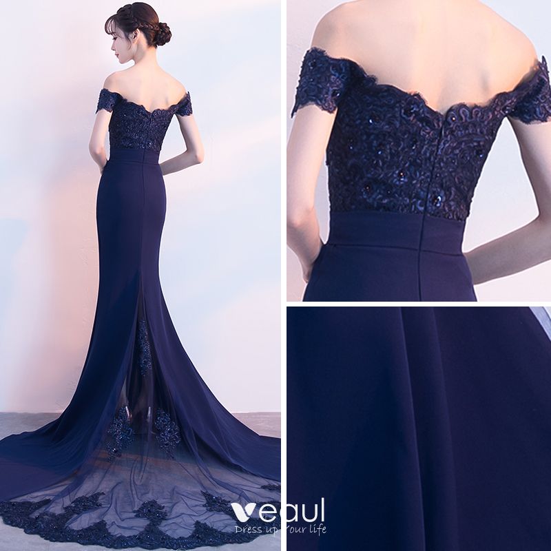 Charming Navy Blue Evening Dresses 2018 Trumpet / Mermaid Off-The ...