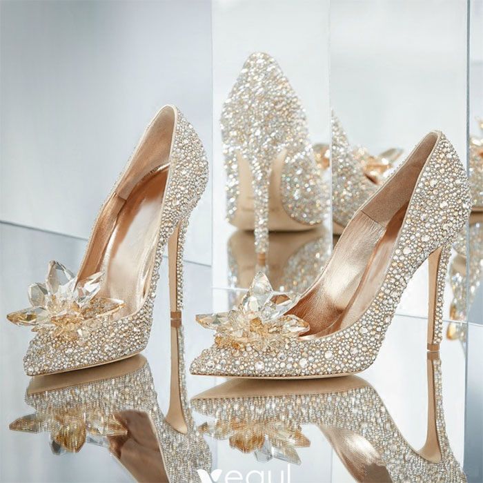 Luxury Gorgeous Champagne Handmade Cinderella Wedding Shoes 2019 Leather Crystal Rhinestone 9 Cm Stiletto Heels Pointed Toe Wedding Pumps