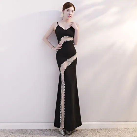 Sexy Black See-through Evening Dresses 2019 Trumpet / Mermaid Spaghetti ...
