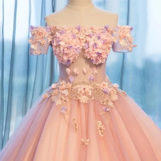 Elegant Pearl Pink See-through Prom Dresses 2019 A-Line / Princess Off ...