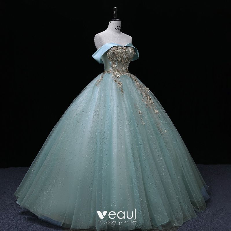 Elegant Mint Green Lace Flower Sequins Formal Dresses 2022 Ball Gown ...