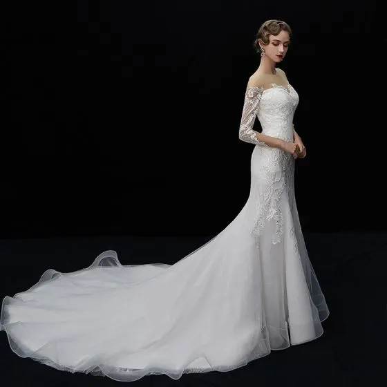 Elegant Ivory See-through Wedding Dresses 2019 Trumpet / Mermaid Square ...