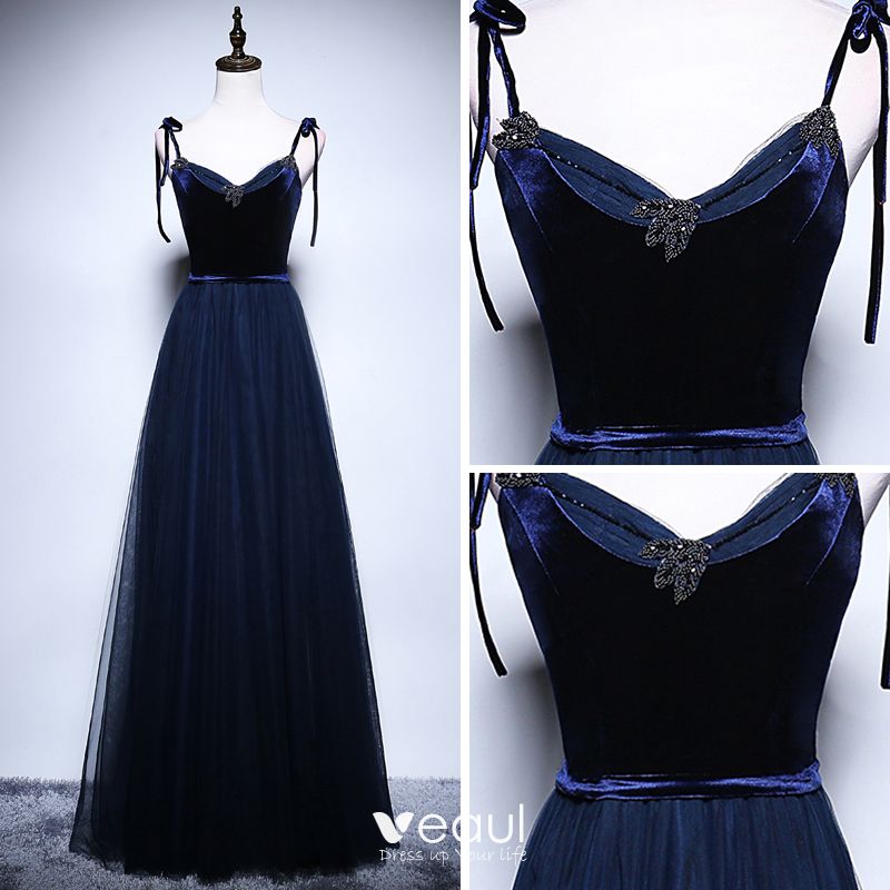 Elegant Navy Blue Prom Dresses 2018 A-Line / Princess Spaghetti Straps ...