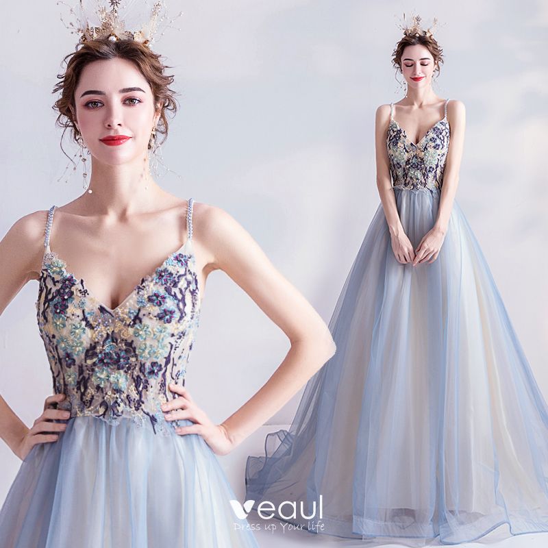 Charming Sky Blue Prom Dresses 2020 A-Line / Princess Spaghetti Straps ...