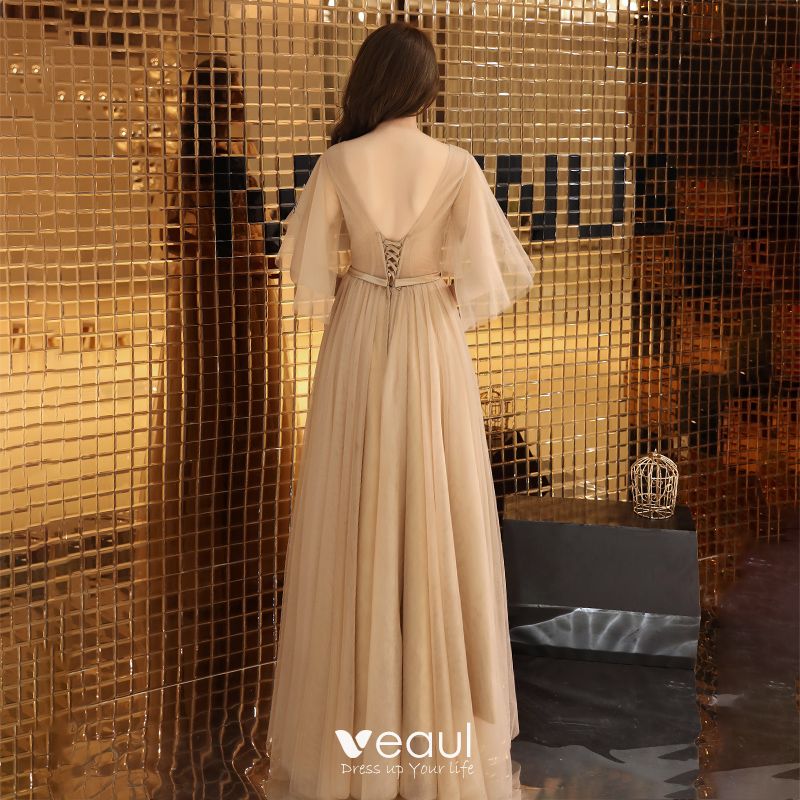 Illusion Gold Evening Dresses 2019 A-Line / Princess Square Neckline 1/ ...
