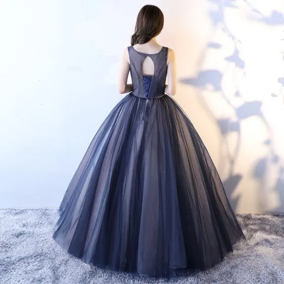 Chic / Beautiful Navy Blue Prom Dresses 2017 Ball Gown Scoop Neck ...