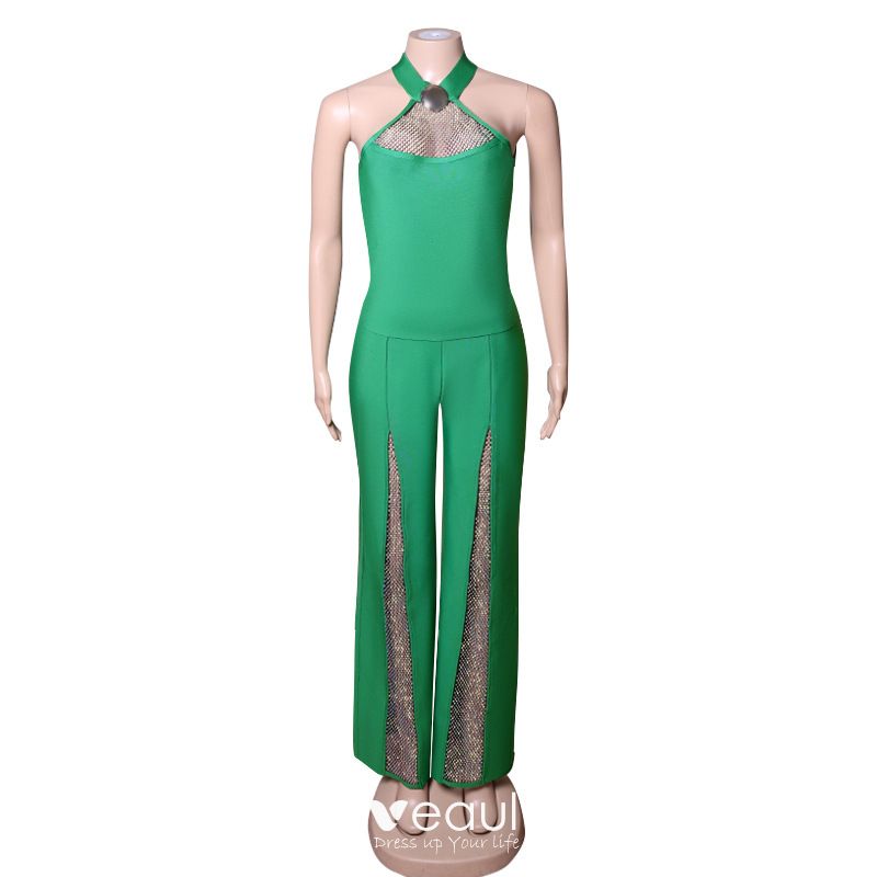 Fashion Green See-through Street Wear Tight Jumpsuit 2021 Halter ...