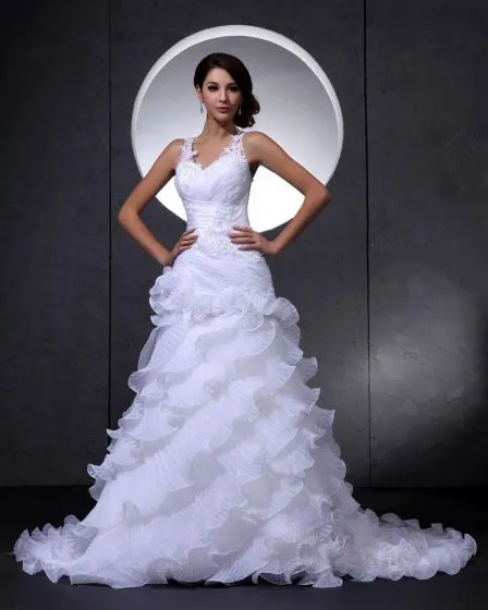 Elegant Lace Organza V-Neck Flower Beading Cathedral Train Mermaid ...