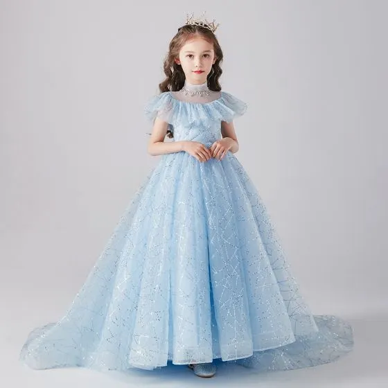 Vintage / Retro Sky Blue Birthday Flower Girl Dresses 2020 Princess See ...