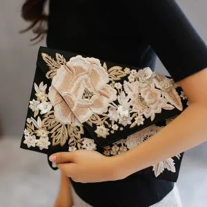 Modern / Fashion Black Embroidered Flower Clutch Bags 2019