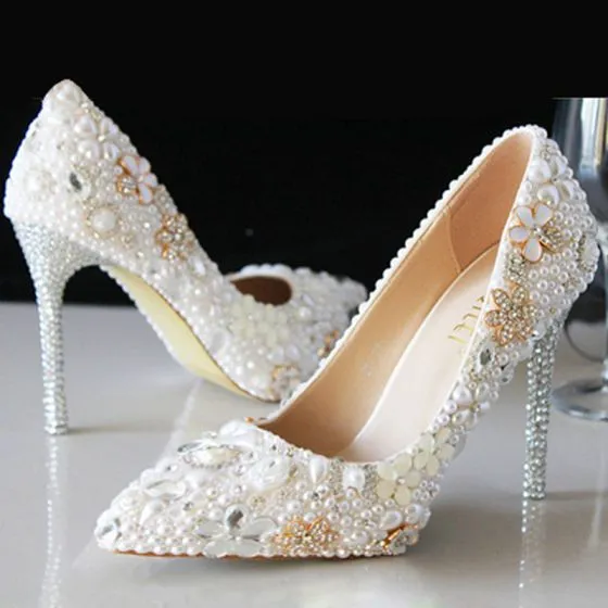 Fabulous Ivory Crystal Wedding Shoes 2021 Pearl Rhinestone 10 cm Stiletto  Heels High Heels Pointed Toe