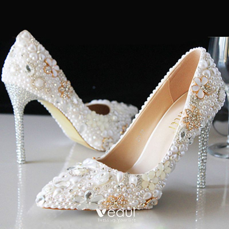 Ivory Satin Pointed Toe with Crystal Bridal Shoes Elegant Pumps Shoes Stilettos Luxury 3 inch High Heel