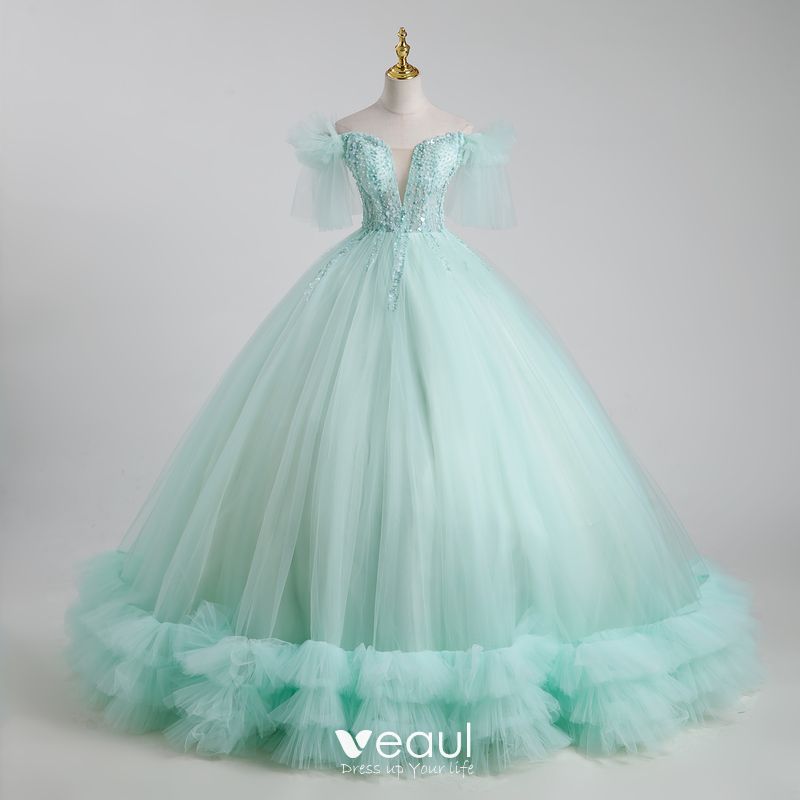 Elegant Mint Green Beading Pearl Sequins Cascading Ruffles Prom Dresses 2023 Ball Gown Off The Shoulder Short Sleeve Backless Floor Length Long Prom Formal Dresses 800x800 