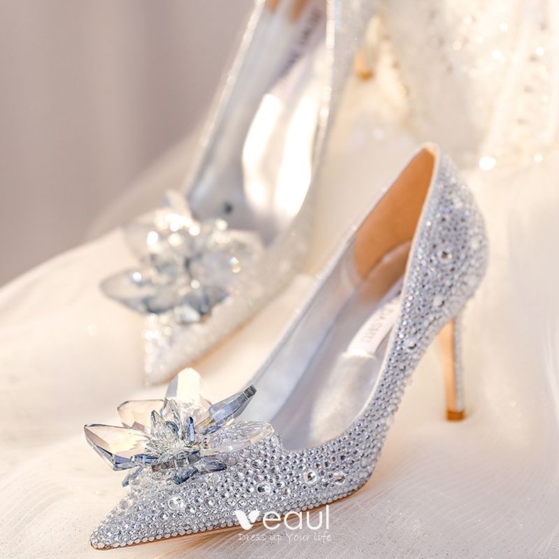 Cinderella Transparent Crystal Wedding Shoes 2023 8 cm Stiletto Heels  Pointed Toe Pumps