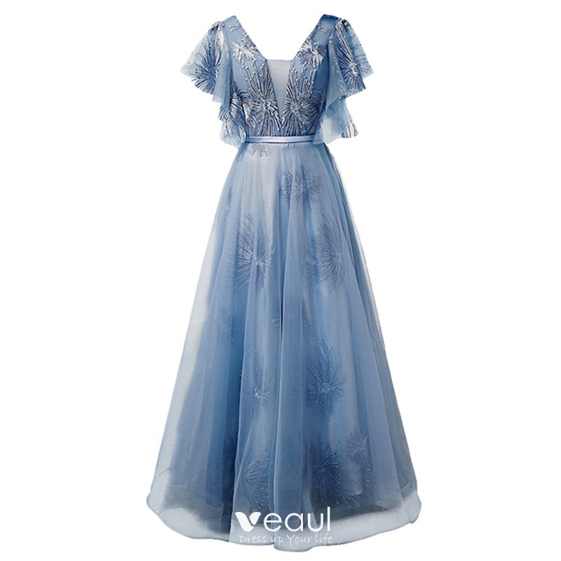 Chic / Beautiful Pool Blue Prom Dresses 2019 A-Line / Princess V-Neck ...