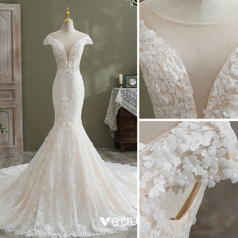 Charming White Trumpet / Mermaid Wedding Dresses 2021 Scoop Neck Pearl ...