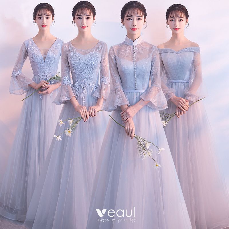 Elegant Grey See-through Bridesmaid A-Line / Princess Sleeve Appliques Lace Floor-Length /