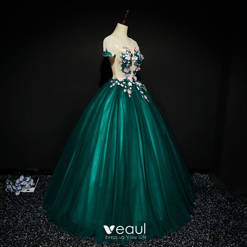 Chic / Beautiful Dark Green Prom Dresses 2017 Ball Gown Lace Flower ...