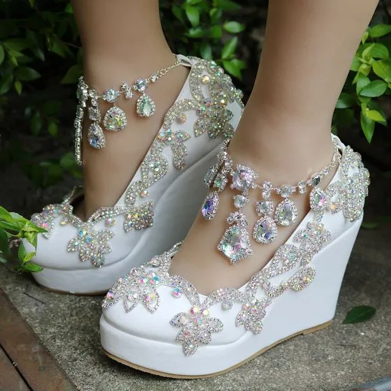 Sparkly White Wedding Shoes 2018 Rhinestone Crystal Round Toe Wedding ...