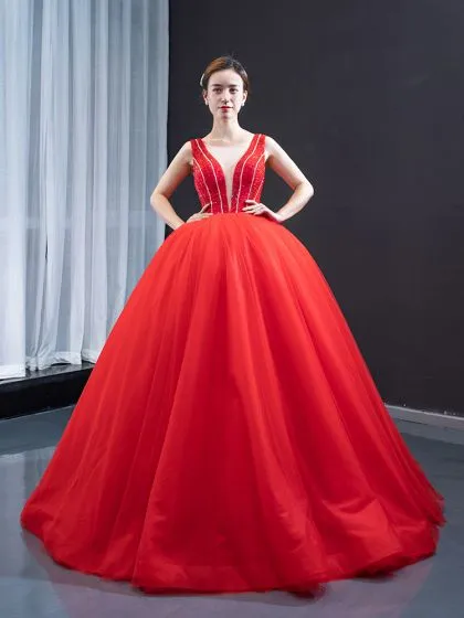 Luxury Gorgeous Red Bridal Wedding Dresses 2023 Ball Gown See Through