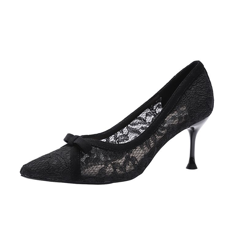 Charming Black Evening Party Pumps 2020 Lace Flower Bow 7 cm Stiletto ...