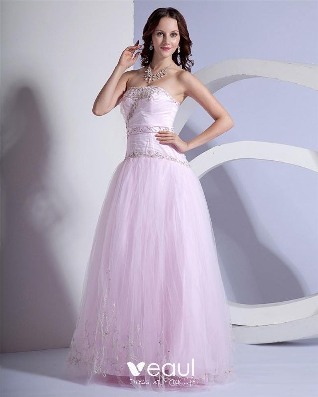 Ball Gown A Line Princess Strapless Floor Length Tulle Prom Quinceanera