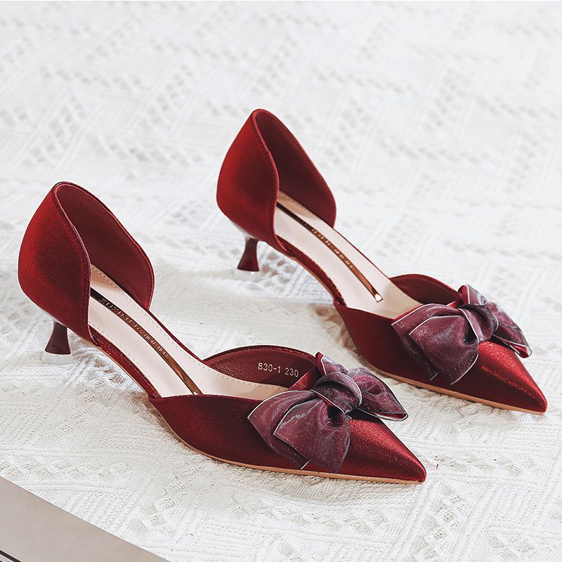 Chic / Beautiful Burgundy Prom Suede Womens Shoes 2020 Leather Bow 4 cm ...