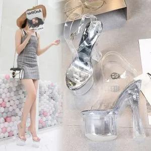 Transparent Summer Nude Cocktail Party Womens Sandals 2022 10 cm Crystal  Thick Heels Toe