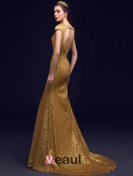 Sparkly Mermaid Deep V-neck Backless Gold Sequin Long Evening Dress