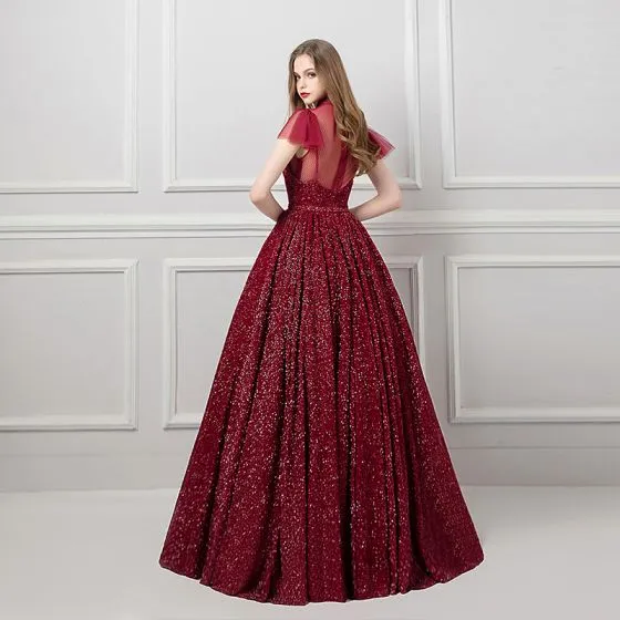Bling Bling Burgundy See-through Prom Dresses 2019 A-Line / Princess ...
