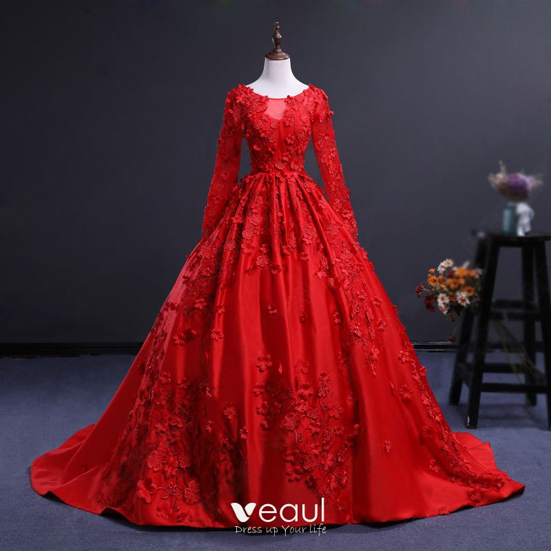 red long sleeve ball gown