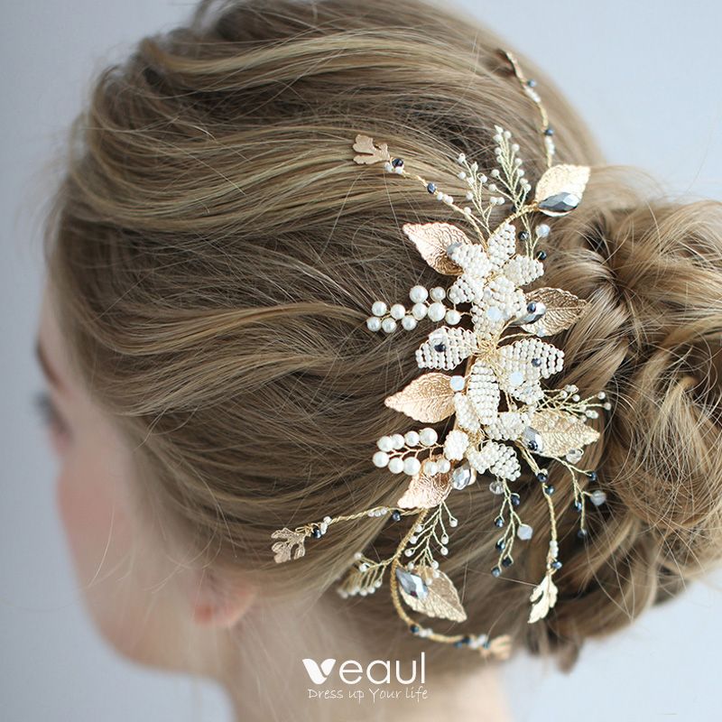 Chic / Beautiful Gold Bridal Hair Accessories 2020 Metal Pearl ...