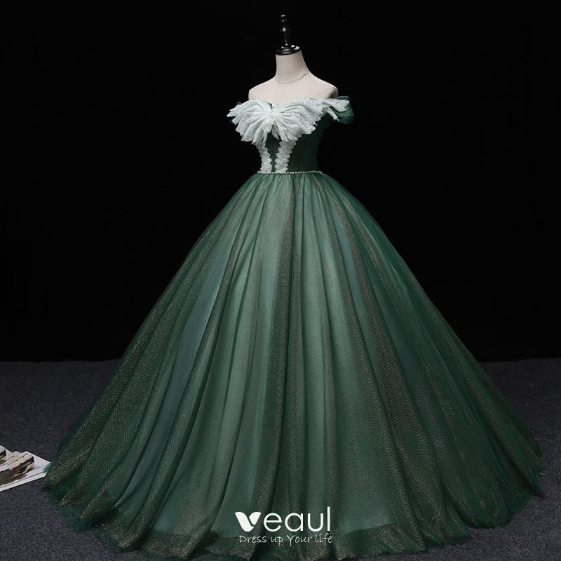 Elegant Dark Green Prom Dresses 2022 Ball Gown Off-The-Shoulder Short ...