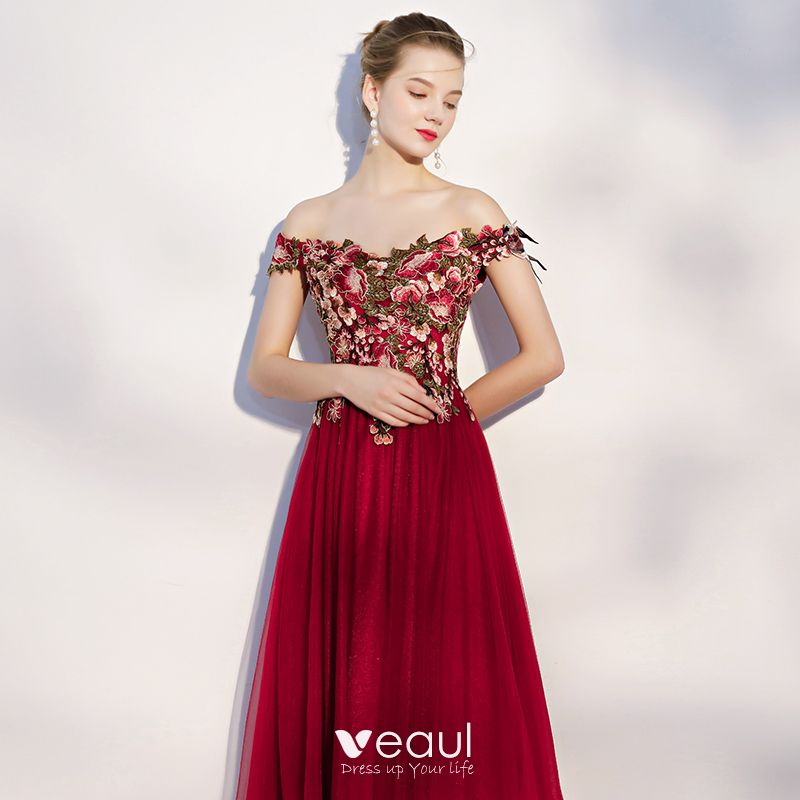 Chic Beautiful Burgundy Prom Dresses 2018 A Line Princess Appliques Off The Shoulder 