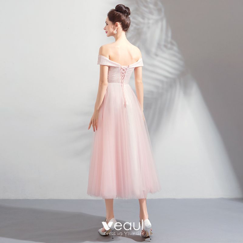 Discount Pearl Pink Homecoming Graduation Dresses 2018 A-Line / Princess  Off-The-Shoulder Short Sleeve Appliques