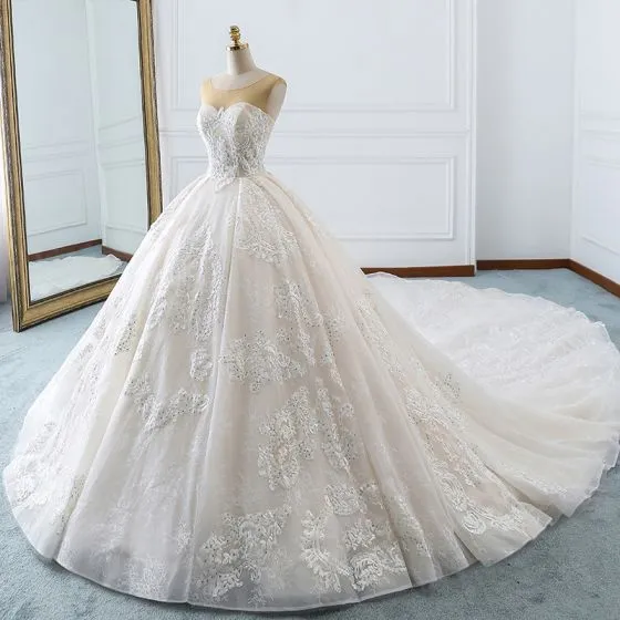 Luxury / Gorgeous Ivory Wedding Dresses 2018 Ball Gown Lace Appliques ...