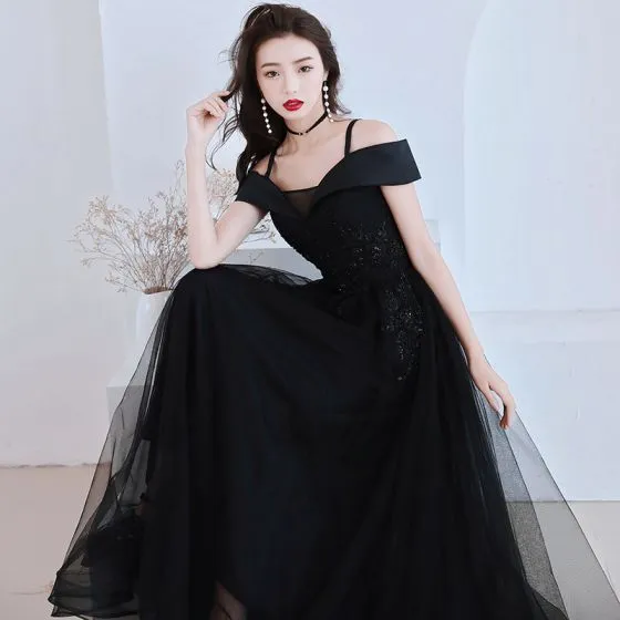 Charming Black Evening Dresses 2019 A-Line / Princess Spaghetti Straps ...