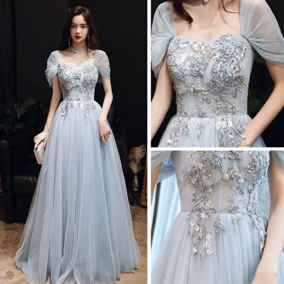 Chic / Beautiful Sky Blue Evening Dresses 2020 A-Line / Princess Off ...