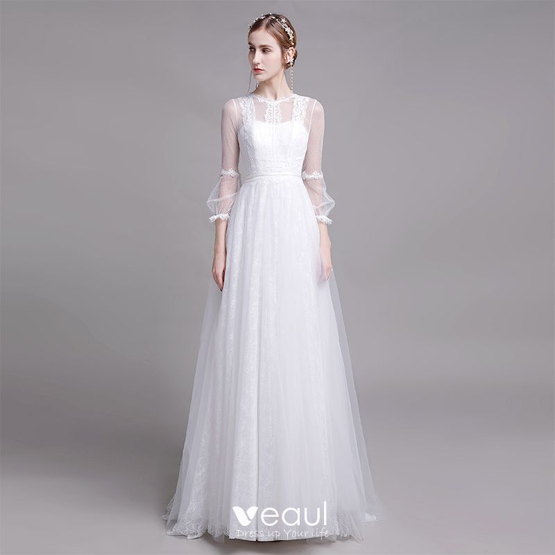 Modest Simple White Beach Wedding Dresses 2019 A Line Princess Scoop Neck Pearl Lace Flower 3 4 Sleeve Floor Length Long