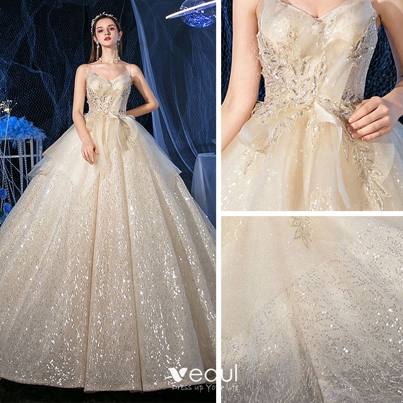 Sparkly Champagne Sequins Bridal Wedding Dresses 2020 Ball Gown ...