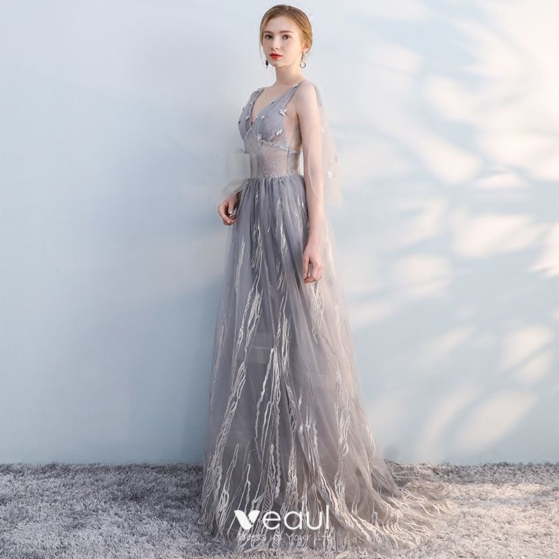Chic / Beautiful Grey Evening Dresses 2019 A-Line / Princess V-Neck Bow ...