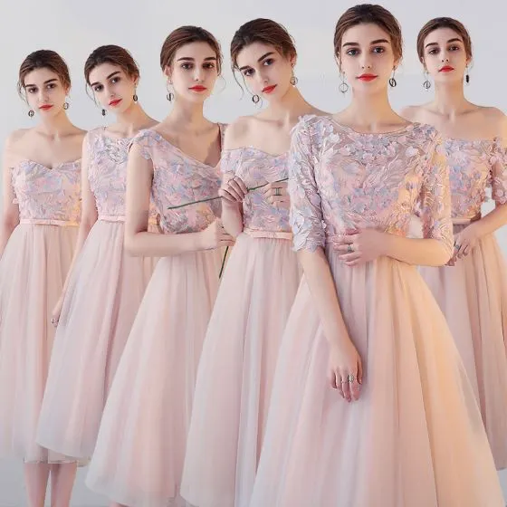Chic Beautiful Pearl Pink Bridesmaid Dresses 2018 A Line Chic Beautiful Pearl Pink Bridesmaid Dresses 2018 A Line Princess Liques Flower Bow Sash Tea Length